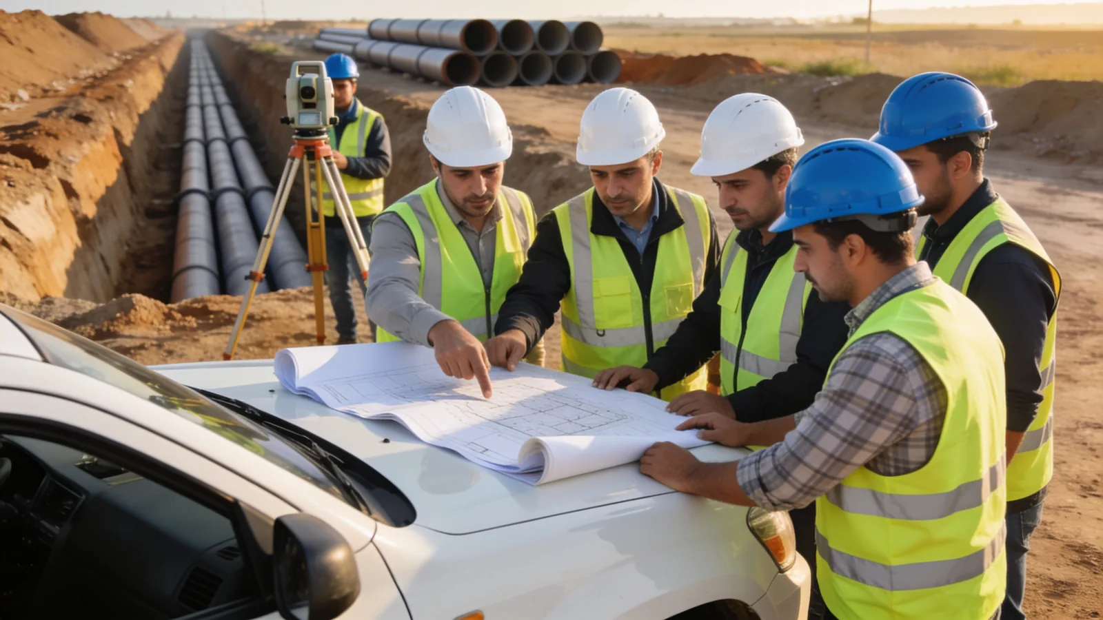 Şantiyede proje paftası üzerinde çalışan mühendis ve topograf ekibi
